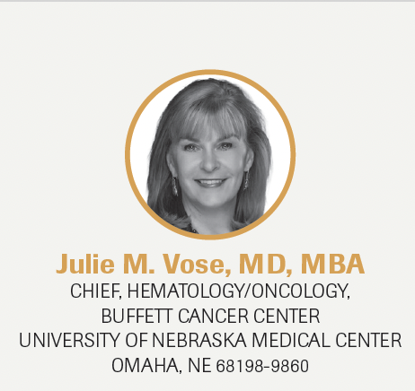 Julie M. Vose, MD, MBA

CHIEF, HEMATOLOGY/ONCOLOGY,

BUFFETT CANCER CENTER

UNIVERSITY OF NEBRASKA MEDICAL CENTER

OMAHA, NE 68198-9860